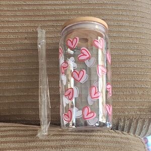 Heart Patterned Drinking Jar with Straw